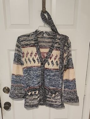 Vintage 1970's Debenham's Cardigan w/ Belt Size L Blue/Beige/Red
